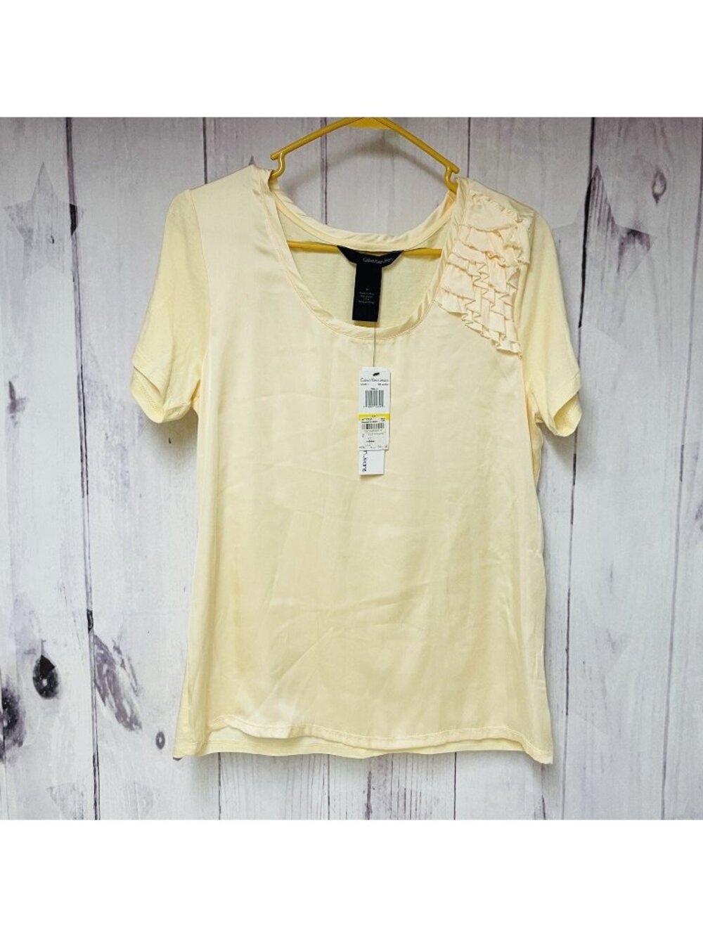 Calvin Klein Jean Womens Medium Sandbar Yellow Ruffled Short Sleeve Shirt